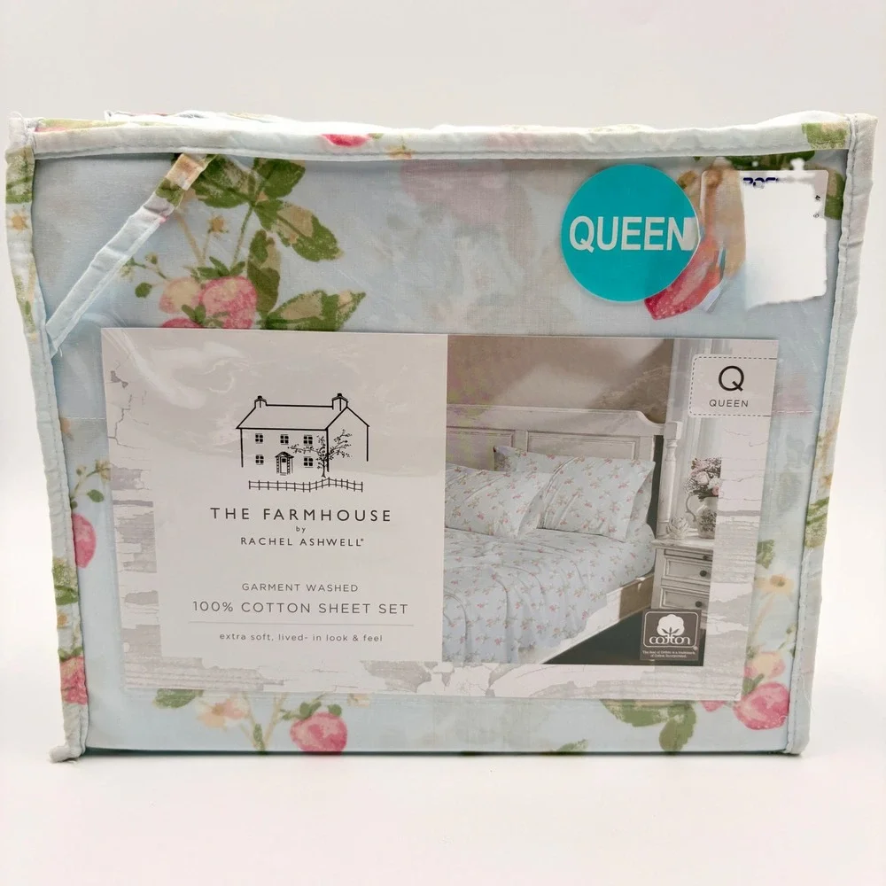 The Farmhouse by Rachel Ashwell Queen Cotton Sheet Set Floral Strawberry Blue